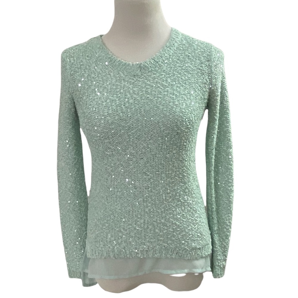 APT. 9 Blue Green Knit Silver Metallic Sequined Layered High Low Sweater Top